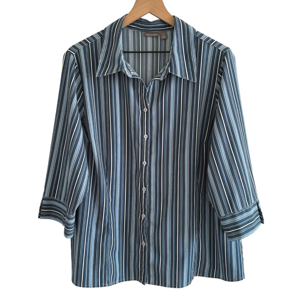 Apt. 9 Women's Button Up Blouse Top 1X Multicolor Stripes 3/4 Sleeve Stretch